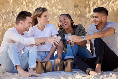 Buy stock photo Beach picnic, friends and toast in nature on vacation, holiday or summer trip. Group cheers, smile and happy females bonding with alcohol, liquor or drink outdoor for party, event or celebration