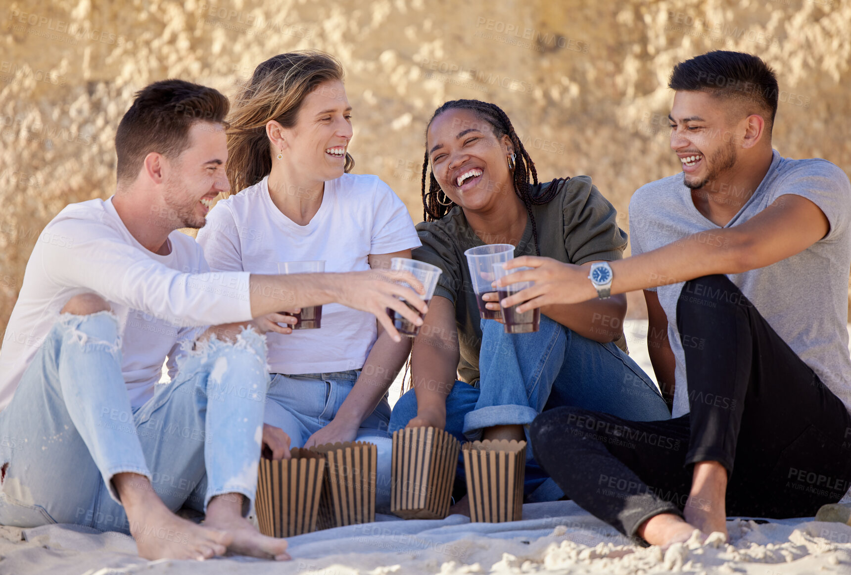 Buy stock photo Beach picnic, friends and toast in nature on vacation, holiday or summer trip. Group cheers, smile and happy females bonding with alcohol, liquor or drink outdoor for party, event or celebration