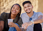 Portrait, friends and couple with drinks, party and relax for celebration, bonding and casual. Black woman, Latino man and drinking for event, chilling and loving for relationship, smile and happy.