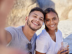 Selfie, couple of friends and drinks at beach in summer, party and relax holiday for love, care or happiness. Portrait, young man and smile woman taking photo in sunshine, picnic or happy date at sea