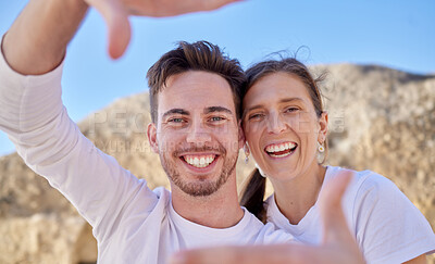 Buy stock photo Selfie, frame hands and couple in nature for travel, adventure and smile against the mountain in Spain. Summer, happy and face portrait of friends with a picture during holiday for honeymoon