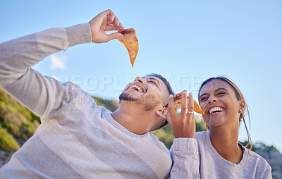 Buy stock photo Pizza, comic and couple of friends in nature, lunch freedom and happy on a date in Portugal. Food love, funny and man and woman with fast food eating in a park, hungry and smile on a picnic in summer