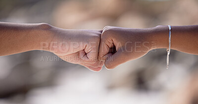 Buy stock photo Fist bump, friends and support motivation outdoor for partnership travel holiday or trust vacation. Greeting, friendship agreement and celebrate collaboration success or hands together for solidarity