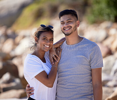 Buy stock photo Happy, love and portrait of a couple on a vacation, adventure or romantic weekend trip together. Happiness, smile and young man and woman on date in nature while on holiday or journey in Puerto Rico.