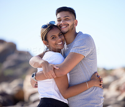 Buy stock photo Love, beach and portrait of couple hug enjoying summer vacation, holiday travel and weekend together. Dating, romance and young man and woman hugging, smile and bonding for quality time in nature