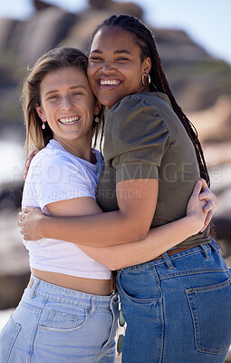 Buy stock photo Portrait, women and friends hug with smile, vacation and weekend break. Females, girls and embrace for reunion, happiness and casual outdoor, cheerful and peace on holiday, trip and bonding together.