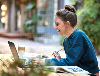 Buy stock photo Woman, laptop and student study at cafe with smile for education, learning or writing in the outdoors. Happy female at internet coffee shop in remote working or elearning on computer for assignment