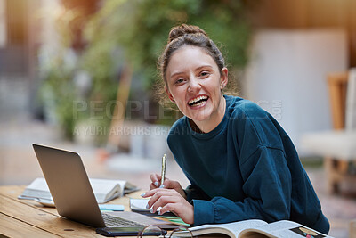 Buy stock photo Student, laptop and happy portrait with notes studying in university cafe for exam, education and smile for learning knowledge. Woman, happiness and working on tech device with college school books 