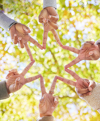 Buy stock photo Star, finger and group of people linked from below for support, community and collaboration with friendship. Friends, shape and hand gesture for connection and solidarity with teamwork and commitment