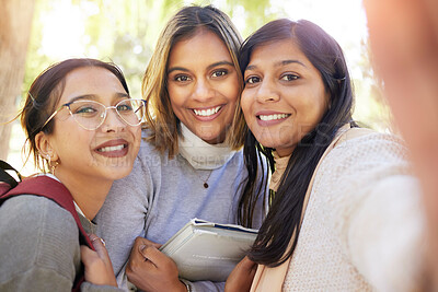 Buy stock photo Friends, women and students selfie at university for happy memory. Education, learning and face portrait of group of girls bonding and taking pictures at college for social media or profile picture.