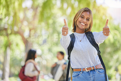 Buy stock photo Young woman, thumbs up and university student, yes and success in education, academic study and to learn mockup. Agreement, smile and scholarship with degree, learning and portrait on New York campus