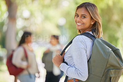 Buy stock photo Education, scholarship or girl in university, college or back to school with a happy smile excited for learning on campus. Portrait, future or Indian student with motivation, knowledge or study goals