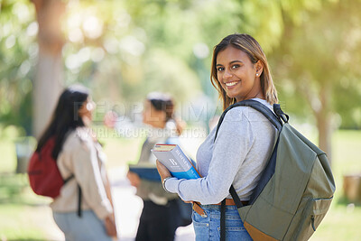 Buy stock photo Education, university and woman student with learning, scholarship and college campus, book for reading and study in academic portrait. Young girl smile, backpack and learn with knowledge in Boston.