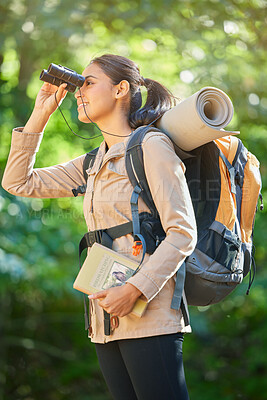 Buy stock photo Adventure, hiking and woman trekking in nature, bird watching and search in the forest of Taiwan. Travel, smile and girl with binoculars to check for birds while on a walking holiday in a jungle