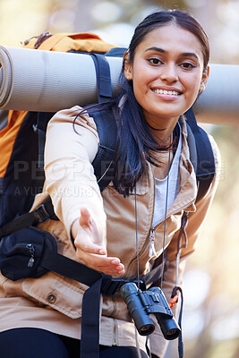 Buy stock photo Hiking, woman and portrait of helping hand on nature exploration adventure in Cancun, Mexico. Hiker, trekking and happiness of Mexican girl on outdoor journey with friendly smile and support.

