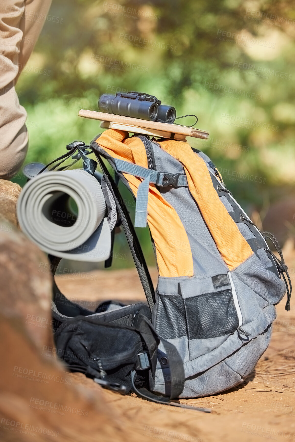 Buy stock photo Hiking, background and backback in nature for adventure explore and fitness with equipment. Active, sport and bag for a hike or camping trip in a natural environment or forest for climbing