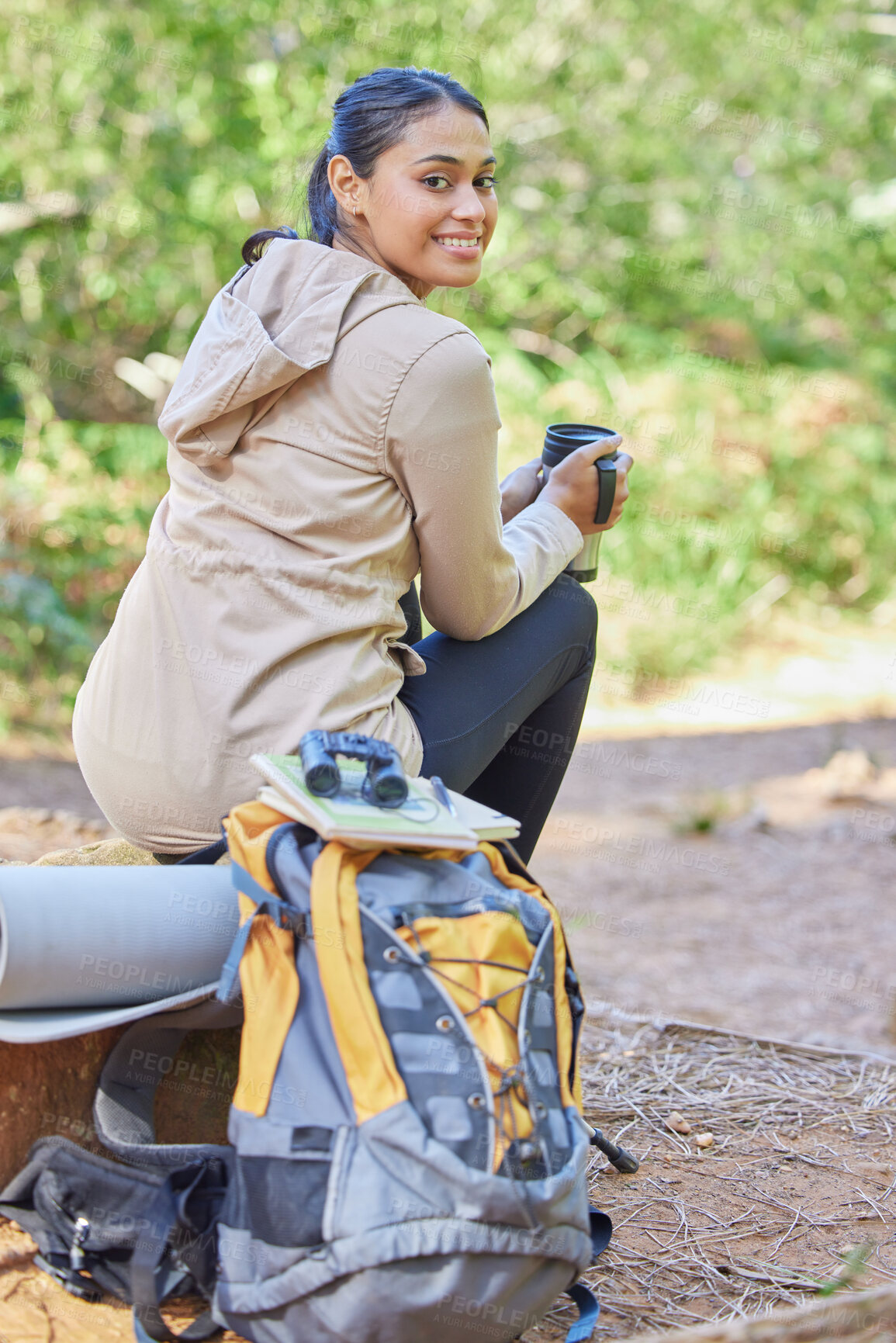 Buy stock photo Portrait, hiking and woman rest with coffee, fresh air and balance outdoor. Latino female, tea and break for walk in nature, fitness and workout for wellness, health or eco friendly activity or relax