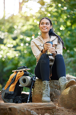 Buy stock photo Nature, relax and hiking woman drinking coffee on rock on adventure trail with trees. Health, fitness and freedom, happy woman in forest or jungle in Brazil sitting on rocks with smile and backpack.