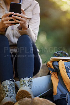 Buy stock photo Phone, search and hiking woman hands with backpack for outdoor location, mobile app 5g network or social media update of nature journey. Fitness, adventure girl or online information on a park break
