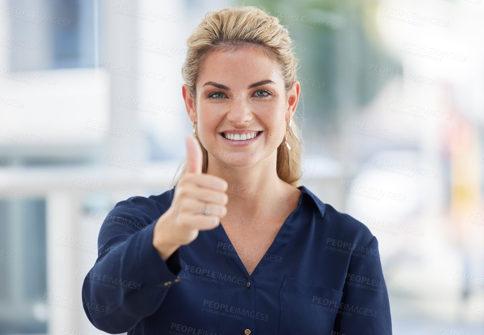 Buy stock photo Thumbs up, woman face portrait and smile in office for business success, corporate achievement and entrepreneur motivation. Leadership confidence, ceo goals support or happy agreement hand sign