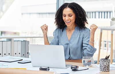 Buy stock photo Business woman, laptop and winner in celebration for good news, deal or discount at the office. Happy black woman with smile in happiness for winning, achievement or work promotion at the workplace