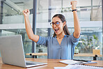 Win, success and business woman with a laptop for trading, good news and happy email in the office. Stock market goal, excited celebration and employee reading achievement on pc with a smile