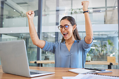 Buy stock photo Win, success and business woman with a laptop for trading, good news and happy email in the office. Stock market goal, excited celebration and employee reading achievement on pc with a smile