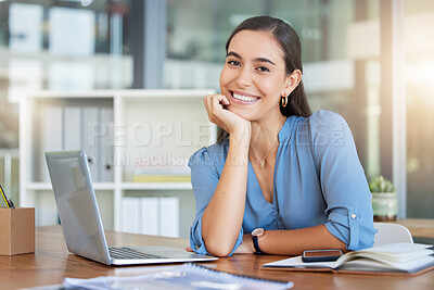 Buy stock photo Business woman, portrait and laptop in office for worker with idea, vision or goal while doing research at desk. Happy, girl and corporate employee smile, relax and enjoy career, online and project