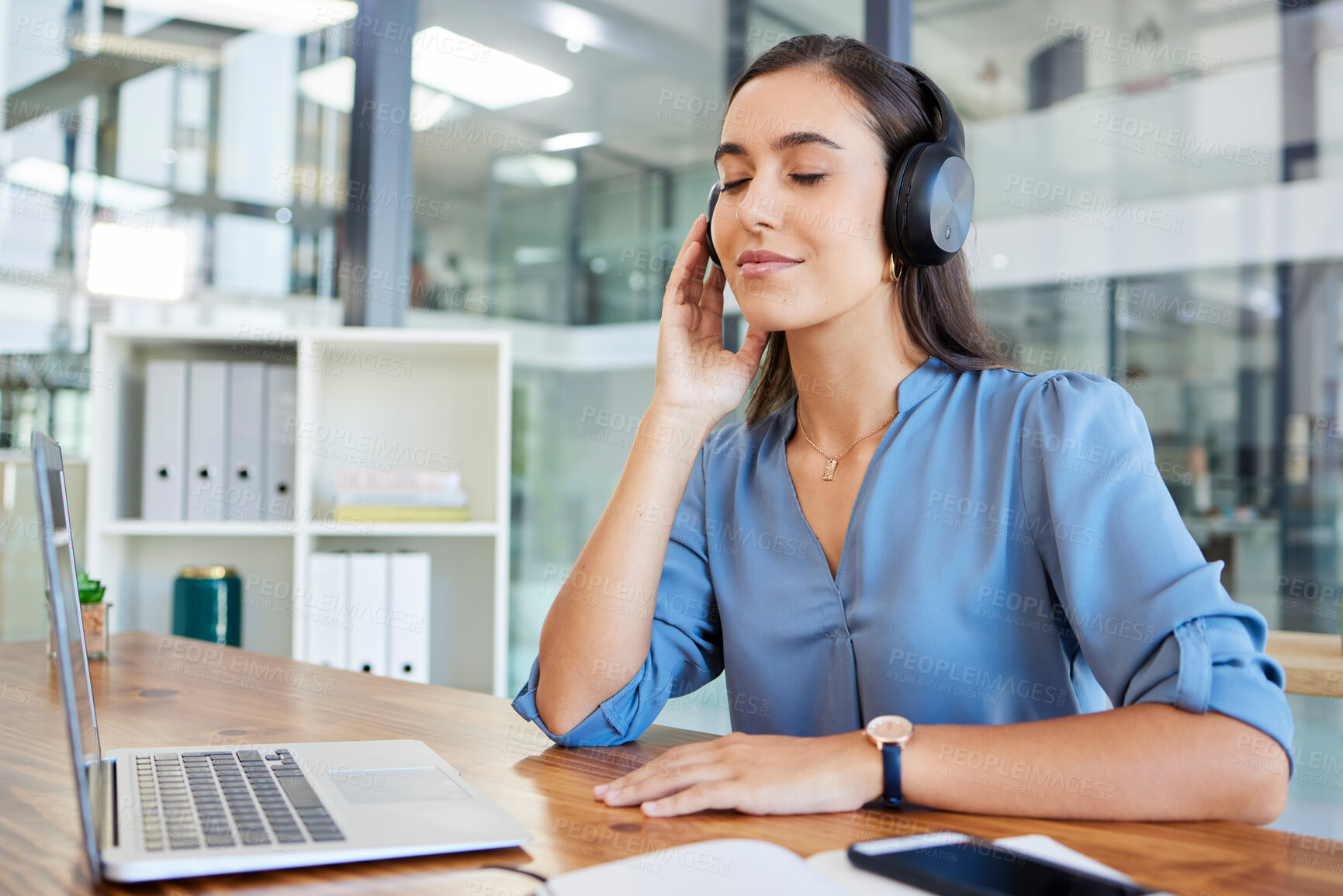 Buy stock photo Business woman, laptop and music to relax for meditation in office, calm and content, streaming and audio. Radio, girl and corporate employee listening to podcast, relaxing and enjoy zen workspace