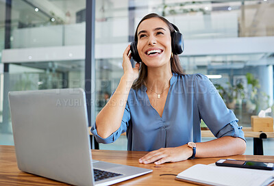 Buy stock photo Music, headphones and business woman in office streaming radio or podcast. Break, thinking and happy female employee from Canada on desk with laptop listening to song, audio or sound at workplace.