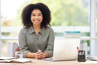 Buy stock photo Black woman, business smile and laptop on desk while happy about leadership, success and growth of startup company. Portrait of female entrepreneur with pride for development and service as leader