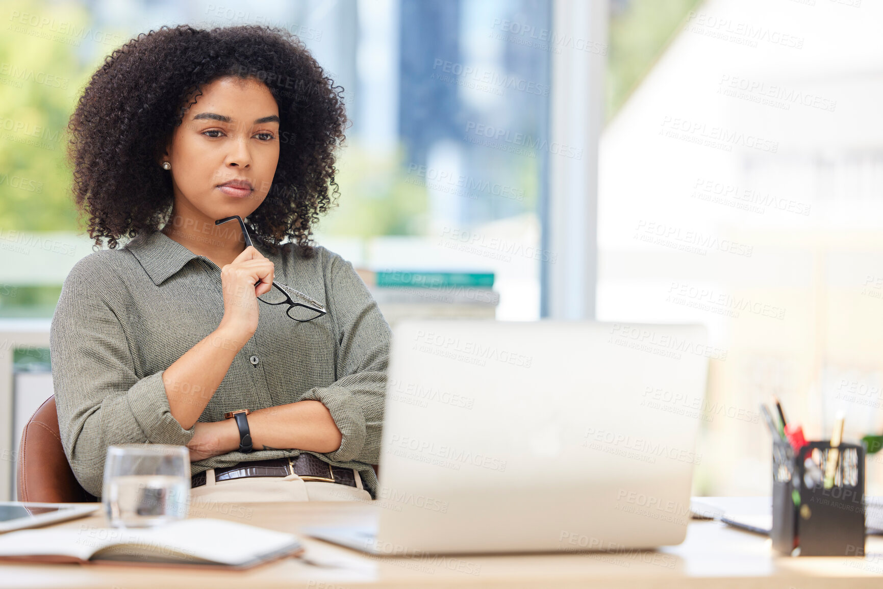 Buy stock photo Business laptop, thinking and black woman in office trying to solve problem. Idea, focus and female employee from South Africa with computer contemplating solution, pensive or lost in thoughts alone.