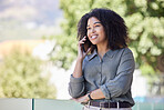 Communication, business or black woman on a phone call networking for a business deal negotiation outdoors. Our vision, worker or female manager talking, conversation or speaking of goals or mission