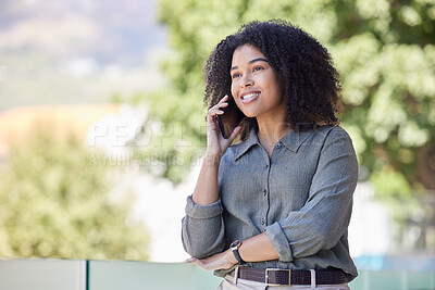 Buy stock photo Communication, business or black woman on a phone call networking for a business deal negotiation outdoors. Our vision, worker or female manager talking, conversation or speaking of goals or mission