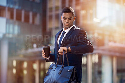 Buy stock photo Businessman, city walk and check time for meeting, appointment or transportation with bag, coffee and focus. Young corporate executive, watch clock and metro for transport, train or taxi in New York
