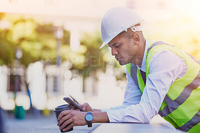 Buy stock photo Construction engineer, man and coffee with phone for typing, reading notification or architect management in city. Industrial contractor, smartphone and coffee break for online mobile tech connection