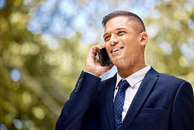 Buy stock photo Businessman, phone call and communication with conversation and networking, company business and b2b with technology. Online, connect with phone, corporate deal and talking with mockup and 5g network