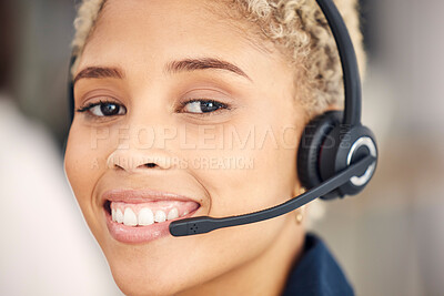Buy stock photo Closeup portrait, call center and agent woman with smile, happiness and headset in customer support. Happy crm, customer service expert or consultant for communication by blurred background in office