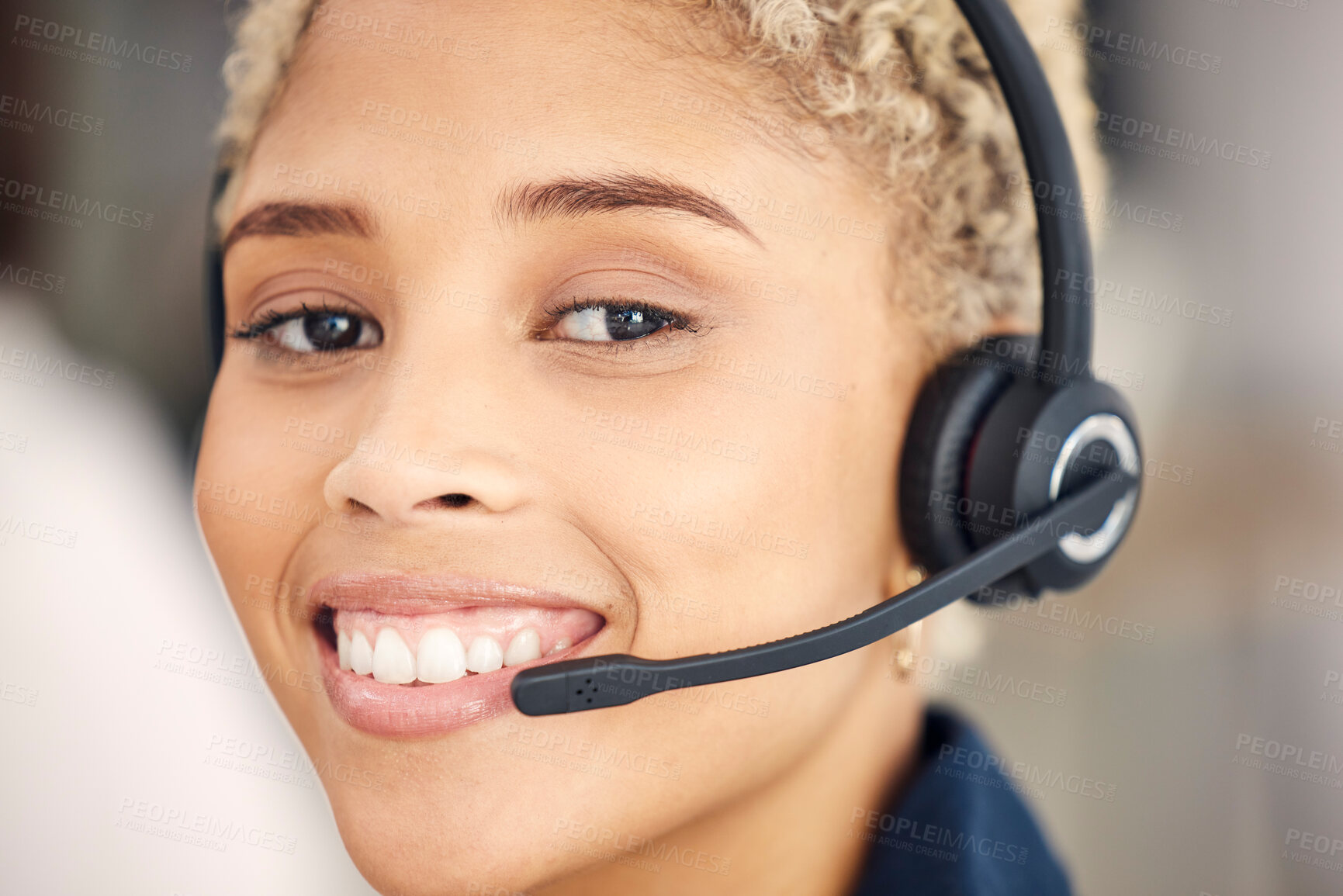 Buy stock photo Closeup portrait, call center and agent woman with smile, happiness and headset in customer support. Happy crm, customer service expert or consultant for communication by blurred background in office