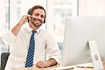 Call center man and telemarketing for customer support or consulting in office. Male, consultant and agent with headset, communication or computer for client service, talking or speaking in workplace