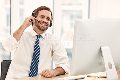 Buy stock photo Call center man and telemarketing for customer support or consulting in office. Male, consultant and agent with headset, communication or computer for client service, talking or speaking in workplace