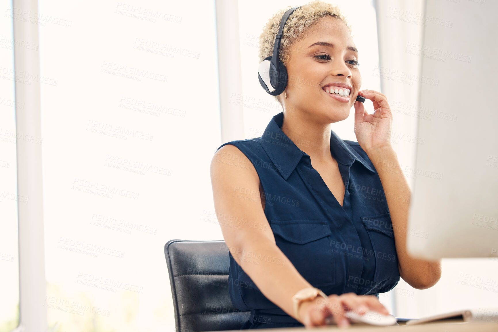 Buy stock photo Business woman, call center and smile for telemarketing, customer service or support on computer at the office. Happy female agent consultant with headset in contact us for online consulting advice