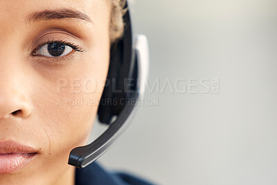 Buy stock photo Closeup, face or woman in call center, crm professional or customer service with focus, vision or headset. Communication expert, customer support worker or contact us at office in zoom of microphone
