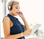 Call center, customer service and black woman on tablet consulting in office. Crm operator, contact us and female customer support worker, sales agent or consultant with touchscreen for telemarketing
