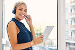 Leadership, tablet or black woman in a telemarketing call center for consulting, communication or helping clients. Digital, crm or happy manager talking, conversation or speaking at customer services