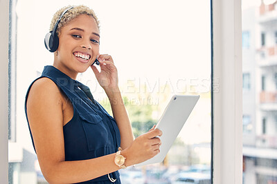 Buy stock photo Leadership, tablet or black woman in a telemarketing call center for consulting, communication or helping clients. Digital, crm or happy manager talking, conversation or speaking at customer services