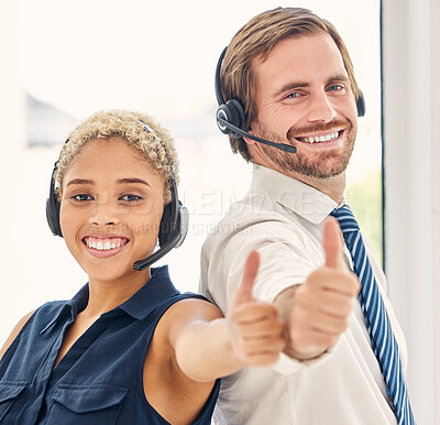 Buy stock photo Thumbs up, call center success and employees with smile for telemarketing, customer support and thank you. Crm win, happy teamwork and portrait of man and woman with emoji hand for customer service