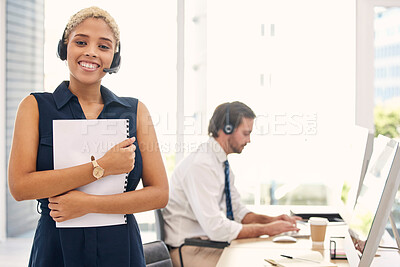Buy stock photo Portrait, manager and black woman in call center, telemarketing and consulting. Client service, team leader and consultant for customer support, advice and telecom sales for communication and smile.