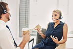 Telemarketing, employees and talking in morning with coffee for customer service company, relax break and friends speaking together. Call center, headset and workers discussion with drink at table
