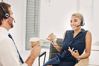 Buy stock photo Telemarketing, employees and talking in morning with coffee for customer service company, relax break and friends speaking together. Call center, headset and workers discussion with drink at table